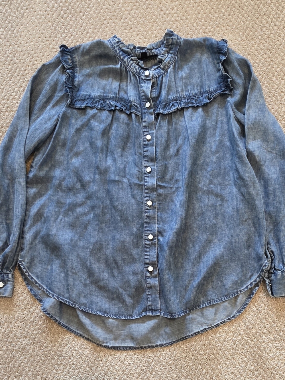 Jane and Delancey Light Blue Chambray Denim Ruffle Button-Front Blouse